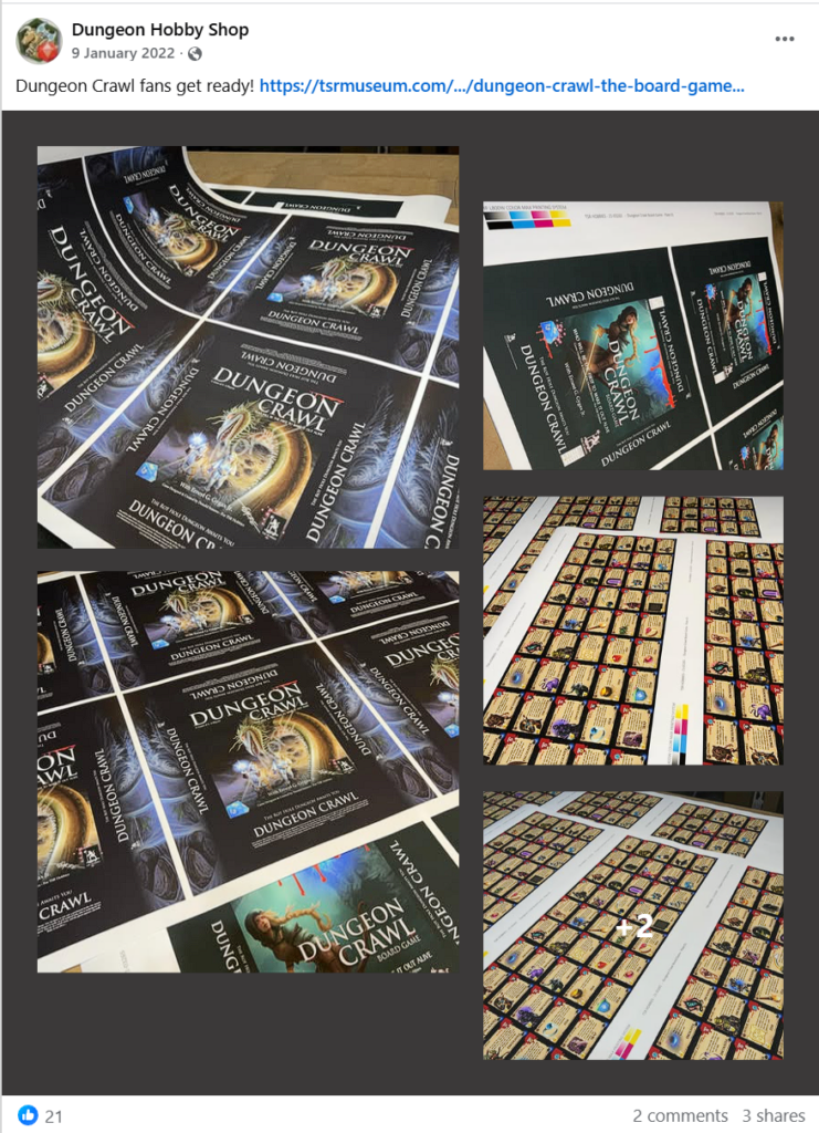 A screenshot of a Facebook post by Dungeon Hobby Shop on 9 January 2022, declaring that Dungeon Crawl fans should get ready - it shows photos of the prints.