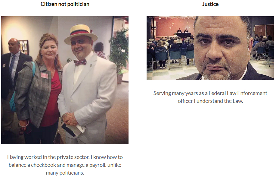 A screencap from Justins' site, with two sets of credentials:
"Citizen not politician - Having worked in the private sector. I know how to balance a checkbook and manage a payroll, unlike many politicians." "Justice - Serving many years as a Federal Law Enforcement officer I understand the Law."