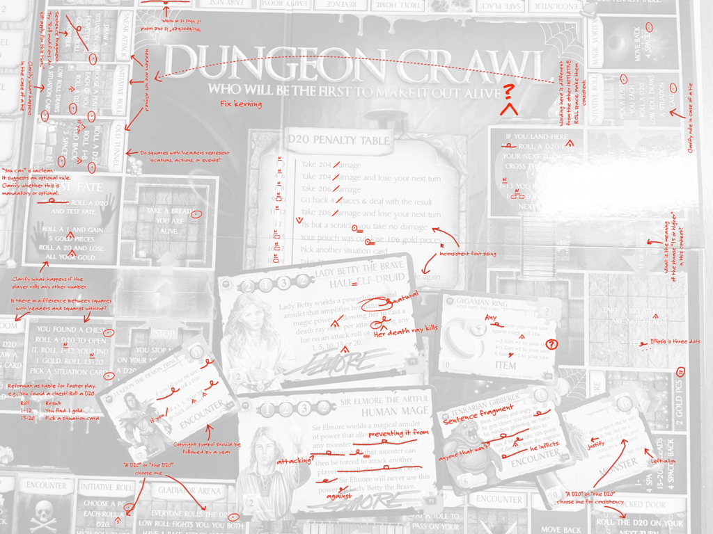 A faded out copy of the image, which has extensive editorial notes by Jayson Elliott, ranging from basic grammar, kerning and font sizing to questions about what areas are supposed to indicate.