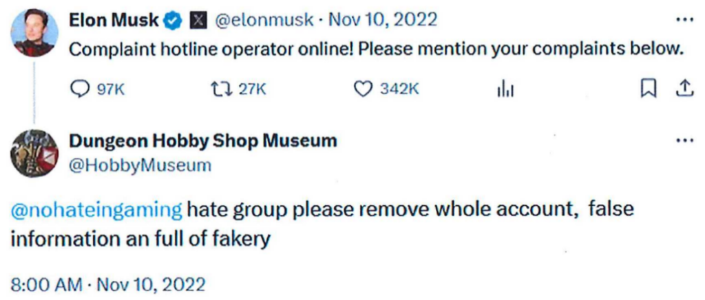 A low res screenshot of Dungeon Hobby Shop Museum (@HobbyMuseum) replying to Elon Musks's "Complaint hotline operator" post with a demand to remove the @nothateingaming account.