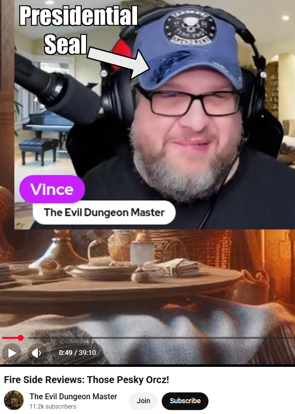 A screenshot from the Fire Side Reviews: Those Pesky Orcz video marked up to show that Vincent is wearing a Presidential Seal "Save the 2nd Amendment" (with a skull) trucker cap.