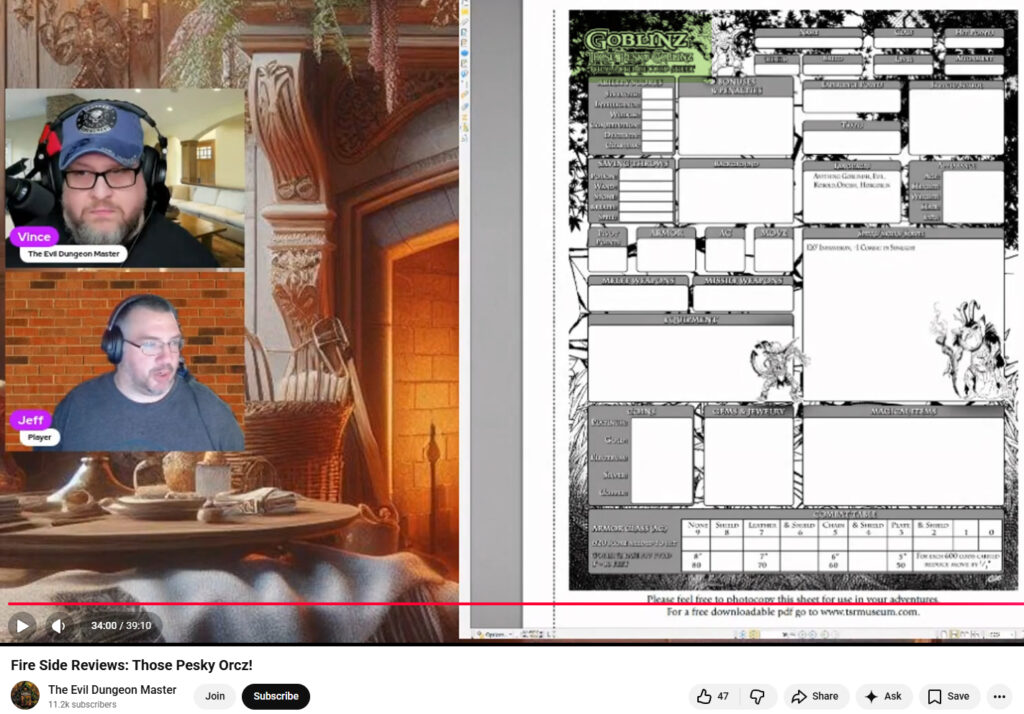 A screenshot of Vincent Florio's video, at 34 minutes in, of the video for Those Pesky Orcz they are looking a character sheet that is clearly labelled "Goblinz" with the Those Pesky Goblinz artwork.