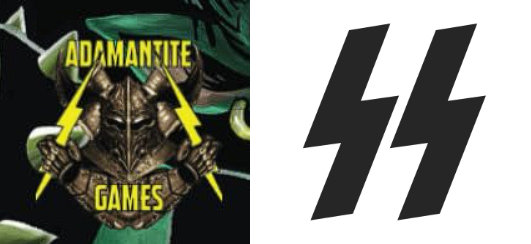 A side-by-side of the Adamantite Games logo against the most simple version of the SS Nazi lightning bolts.