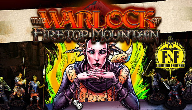 The Steam banner for "The Warlock of Firetop Mountain" which has, for some reason, a femme presenting person in fantasy wizardy attire the middle.