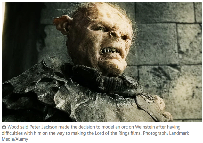 A screenshot from the article, showing particular orc from the Lord of the Rings movies by Peter Jackson, with the caption "Wood said Peter Jackson made the decision to model an orc on Weinstein after having difficulties with him on the way to making the Lord of the Rings films. Photograph: Landmark Media/Alamy"